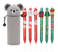 Christmas Erasable Pens Set - 6 Cute Animal Design Pens + 2 in 1 Koala Pencil Case in Soft Silicone, Blue Gel Ink & Barrel designs, Tip 0.5 mm, Perfect for Holiday Gifts, School & Office Supplies