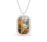 Christmas Eve Candle on The Windowsill Rectangle Pendant Necklace Silver Women Jewelry Alloy Keychain Tag Jewelry