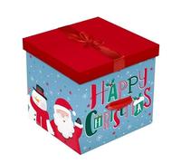 Christmas Eve Large Stunning Traditional Red print Gift box with Lid and Bow| Cute print Santa, Snow, XMAS Presents, Merry Christams| Flat Packed| 28 cm X 28 cm (Santa Skiing)