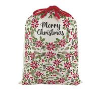 Christmas Extra Large Santa Sack - Fabric Present Bag for Xmas Gifts with Red Drawstring Ties - Merry Christmas Poinsettia