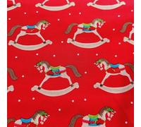 Christmas Fabric - 100% Cotton Printed Fabric - Festive Holiday Xmas Tree Material - 44” Wide - Ideal for Quilting, Crafts & Sewing Projects, Santa North Pole (Red Rocking Horse, Metre)
