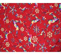 Christmas Fabric - Assorted Rainbow Designs & Colours - 100% Cotton Trees Snowflakes Doves Reindeers (Reindeer Red)