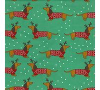 Christmas Fabric - Cute Dachshund Dogs on Green - Polycotton Xmas Craft Fabric Material Metre