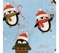 Christmas Fabric - Cute Penguins on Blue - Polycotton Xmas Craft Fabric Material Metre