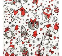Christmas Fabric - Cute Red Grey Santa Snowmen & Penguins - Polycotton Craft Fabric Material Metre