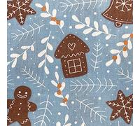 Christmas Fabric - Gingerbread Men House Tree Star on Blue - Polycotton Xmas Craft Fabric Material Metre