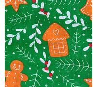 Christmas Fabric - Gingerbread Men House Tree Star on Green - Polycotton Xmas Craft Fabric Material Metre