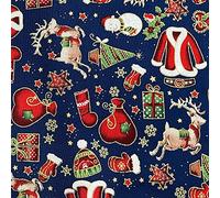 Christmas Fabric - Gold Metallic Santa Reindeer Snowmen on Navy Blue Craft Fabric Material