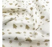 Christmas Fabric - Gold Metallic Trees & Snowflakes on Cream - Xmas Craft Fabric Material Metre