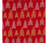 Christmas Fabric - Gold & Silver Glitter Christmas Trees on Red - Xmas Craft Fabric Material Metre