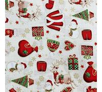 Christmas Fabric - Gold Snowflake Santa Reindeer Snowmen on Ivory Craft Fabric Material