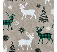 Christmas Fabric Green & Cream Reindeer Design - Beige Background 100% Cotton 53" Wide