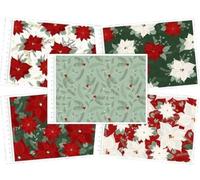 Christmas Fabric Jolly Poinsettia Fat Quarter Bundle of 5pcs 18"x22" (45x55cm) Wide for Crafting, Sewing, Patchwork, Home Décor; 100% Cotton