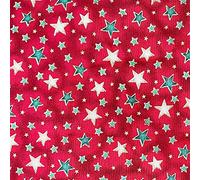 Christmas Fabric - Metallic Gold & Green Stars on Red - Xmas Craft Fabric Material Metre