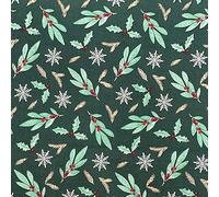 Christmas Fabric - Mistletoe & Snowflake on Green - Xmas Craft Fabric Material Metre
