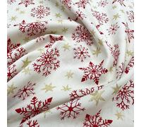 Christmas Fabric - Red Snowflake & Gold Glitter Stars & on Cream - Cotton Craft Fabric Material