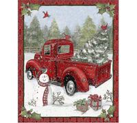 Christmas Fabric Red Truck Collage Panel, 36" X 44" Panel Red Trucks Presents Trees Bunnies Winter Holiday Collage Red Cotton Fabric Panel For Christm
