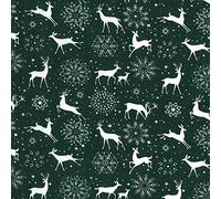 Christmas Fabric - Reindeers & Snowflakes on Green - Polycotton Xmas Craft Fabric Material Metre