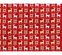 Christmas Fabric - White & Gold Scandi Reindeer Print on Red - 100% Cotton 53" Wide