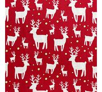 Christmas Fabric - White Reindeers Stags on Red - Xmas Craft Fabric Material Metre