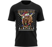 Christmas Fairisle Highland Cow Mens T Shirt Funny Xmas Farmers Cattle Tee Farming Top, L, Black