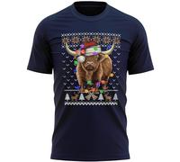 Christmas Fairisle Highland Cow Mens T Shirt Funny Xmas Farmers Cattle Tee Farming Top, L, Navy