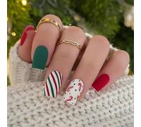 Christmas Fake Nails, 24pcs Christmas Stick On Nails, Square False Nail Stick On Nail With Red And Green Striped Candy Design, Acrylic Press On Nail Glue On Nails For Women