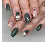 Christmas Fake Nails - 24PCS Glitter Green Color Christmas Style with Snowman and Xmas Tree - False Nails with Glue Home DIY Acrylic Nails Gifts for Women