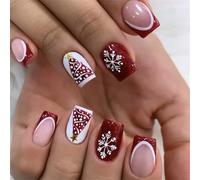 Christmas False Nails - 24Pcs Medium Square Glitter Red Fake Nails - Cute Glitter Red Christmas White Snowflake Christmas Tree Press on Nails - Acrylic Full Cover False Nails with Glue for Nail Art