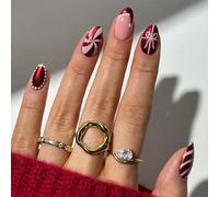 Christmas False Nails - 24Pcs Short Almond Press on Nails - Metallic Wine Red False Nails with Bow and Christmas Hat Designs - Fake Nails with Glue for Women - Full Cover Stick on Acrylic Nails