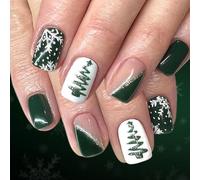 Christmas False Nails - 24Pcs Short Square Frensh Green Fake Nails - Cute Green Christmas Tree Snowflake Designs Press on Nails - Acrylic Full Cover False Nails with Glue for Nail Art