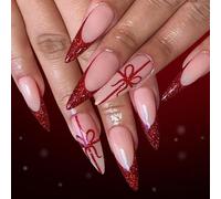 Christmas False Nails Almond - 24pcs Long Medium Oval Press On Nails - Glitter Red French Tip False Nails Nude With Bow - Glossy Full Cover Acrylic Stick On Nails For Women Girls Xmas Manicure DIY