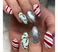 Christmas False Nails Almond - 24pcs Medium Short Oval Press on Nails With Glue - Xmas Glitter Sliver Fake Nails with Red Candy Stripe Holly - Festival Acrylic Full Cover Stick on Nails for Women DIY