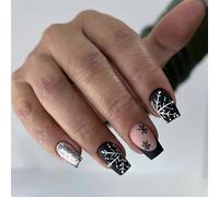 Christmas False Nails Black - 24pcs Square Matte Fake Nails with Glue - Medium Length False Nails French Tip Coffin Design - Glitter Black Snowflake Pattern Stick on Nails for Christmas