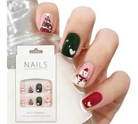 Christmas False Nails - Red & White Green Tree Heart Snowman Designs, Press On with Glue - French Stick for Women's Nail Art Decoration Accessories