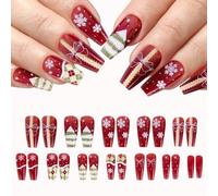 Christmas False Nails Short, 24Pcs Red&Green Press on Nails with Snowflake, Long French Tip Square Fake Nails, Stick on Nail for Women, Festival Holiday Xmas Fake Nail for Nails Art Y3SDCD (A)