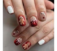 Christmas False Nails Short Square - 24pcs Glitter Red Press on Nails With Glue - Coffin Fake Nails with Cute Gingerbread Man Snowflake Elk Designs - Festival Full Cover Stick on Nails for Women Girls