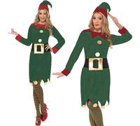 Christmas Fancy Dress Elf Costume Ladies Santa's Elf Dark Green/Red by Smiffys