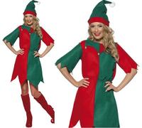 Christmas Fancy Dress Elf Costume Ladies Santa's Elf Green/Red Outfit by Smiffys