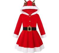Christmas Fancy Dress Kids Girls Christmas Red Hooded Velvet Dress Mrs santa Dress Hooded Deer Ears Long Sleeve Swing Dress with Belt Xmas Holiday Costume Party Outfit for Ages 3-10 Years