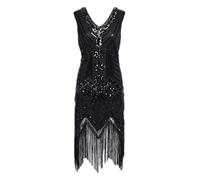 Christmas Fancy Dress Women's 1920s Flapper Dress Lace Fringed Cocktail With 20s Accessories Set(Black,S)