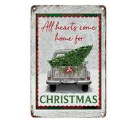 Christmas Farm All Hearts Come Home for Christmas Vintage Metal Sign Wall Decor Tree on Christmas Plaid Red Car Metal Tin Sign Vintage Art Poster Plaque For Kitchen Home Wall Christmas Decor 8x12In