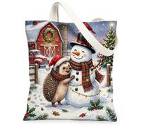 Christmas Farmhouse Snowman Hedgehog Canvas Tote Bag for Shopping 13x15, Xmas Barn Reusable Grocery Print Bag for Women, Holiday Aesthetic Painting Gift Decor