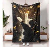 Christmas Festive Cat Blanket, Black White Playful Feline Design Plush Throw, Soft Cozy Fleece Blanket for Sofa, Travel, Camping, Bed, All Season 60x80 Inch