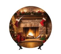 Christmas Fireplace Backdrop Bone China Decorative Plate,6inï¼ˆ15cmï¼‰ Ceramic Decorative Plates with Display Stand,Ceramic Ornaments Art Porcelain Plate for Home Office Wall Decor Collections Plates