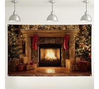 Christmas Fireplace Backdrop, Cozy Winter Scene Party Decorations, Holiday Indoor/Outdoor Photo Background for Xmas Events and Family Gatherings 71x43 Inch