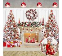 Christmas Fireplace Backdrop Red White Christmas Tree Garland Photography Background Winter Interior Family Kids Holiday Party Banner Decorations (7x5ft(82''x60''))