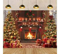 Christmas Fireplace Backdrop Vintage Xmas Tree Stockings Photography Background for Winter Xmas Eve Cozy Family Party Banner Decorations Photo Studio Props (10X8FT(300x240cm))