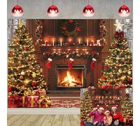 Christmas Fireplace Backdrop Vintage Xmas Tree Stockings Photography Background for Winter Xmas Eve Cozy Family Party Banner Decorations Photo Studio Props (8X6FT (240x180cm))
