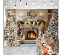 Christmas Fireplace Backdrop Winter White Xmas Tree Bear Stockings Fireplace Photography Background Classic Christmas Interior Room Banner Holiday Family Party Decorations Supplies 7x5FT